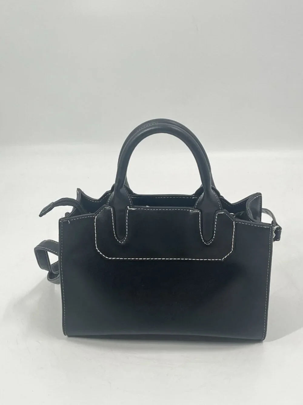 London Fog Black Structured Satchel Contrast Stitch Crossbody Purse Quiet Luxury